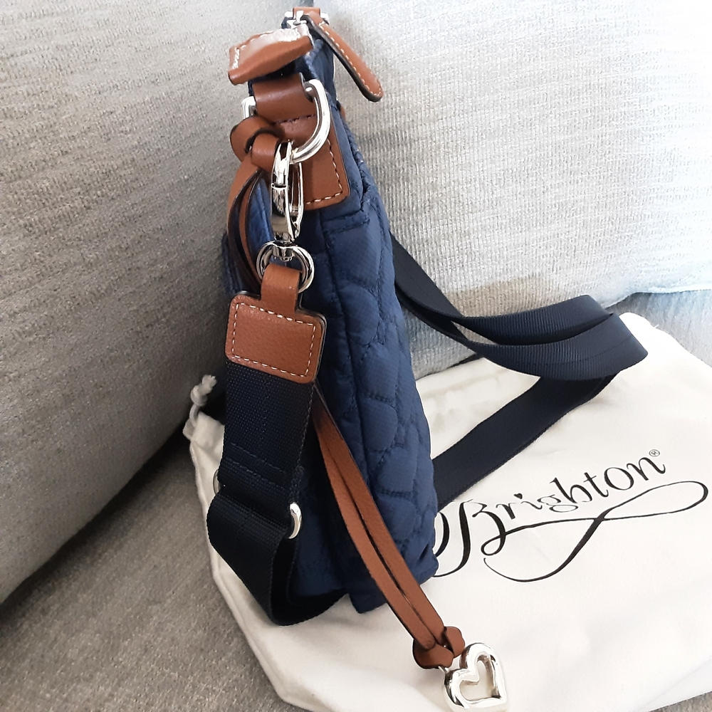 Brighton Quilted Navy Crossbody Tan Trim & Heart Charm - Picture 4 of 11